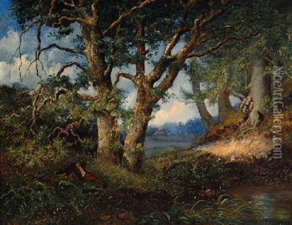 Resting Figure In A Forest Landscape Oil Painting - Hendrik Barend Koekkoek