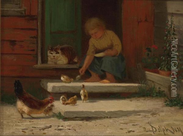 Feeding The Chickens Oil Painting - John Henry Dolph
