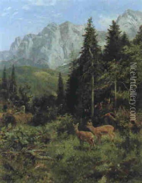 Rehwild Am Waldesrand (mit Blick Auf Den Wilden Kaiser In Tirol) Oil Painting - Josef Schmitzberger