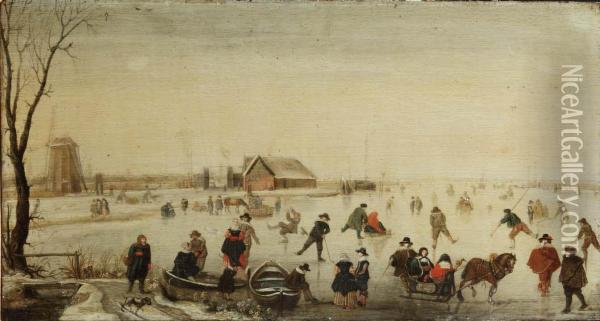 A Winter Landscape With Skaters On A Frozen River Oil Painting - Hendrick Avercamp