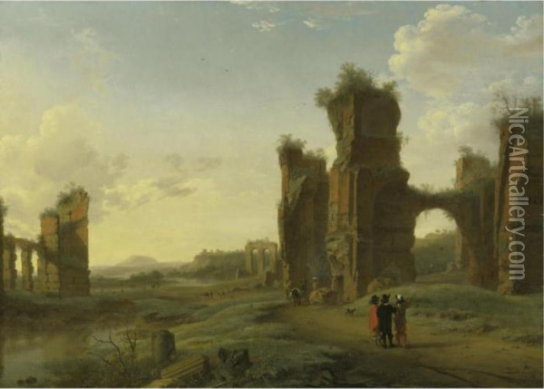 An Italianate Landscape With Three Figures Surveying The Land Oil Painting - Herman Van Swanevelt