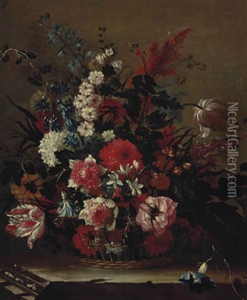 Corbeille De Fleurs Sur Un Entablement En Pierre Oil Painting - Jean-Baptiste Belin de Fontenay the Elder