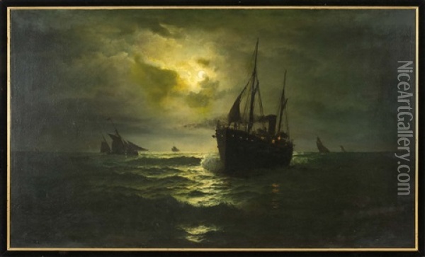 A Steam/sail Ship Under Moonlight Oil Painting - David James