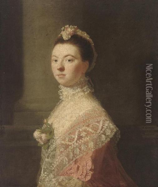 Portrait Of Anne, Lady North (c.
 1740-1797), Wife Of Fredericknorth, 2nd Baron North, 
Three-quarter-length, In A Pink Dress Andlace Shawl With Roses At Her 
Decolletage, And A Lace Headdress, Bya Column Oil Painting - Allan Ramsay