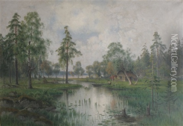 Insjolandskap Med Man Med Eka Oil Painting - Harald (Sten H.) Torsslow