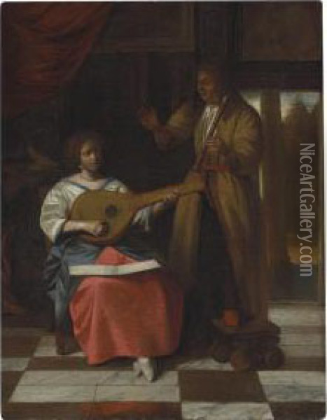 A Musical Company In An Interior Oil Painting - Pieter De Hooch