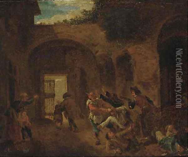 Peasants skirmishing in an alleyway Oil Painting - Andries Dirsksz