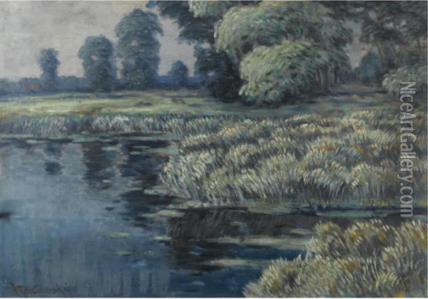 Willows And Reeds In A River Landscape Oil Painting - Vaclav Radimsky