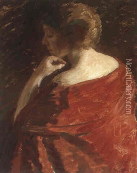 Ung Kvinde Med Rodt Sjal Oil Painting - Julius Paulsen