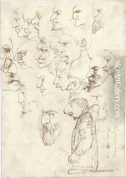 Sheet Of Studies Of 'Caricatures Of Famous Artists Of His Time' Oil Painting - Annibale Carracci