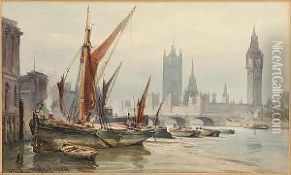 The Thames At Westminster Bridge; The Thames At Bankside, Two Oil Painting - William Alister Macdonald