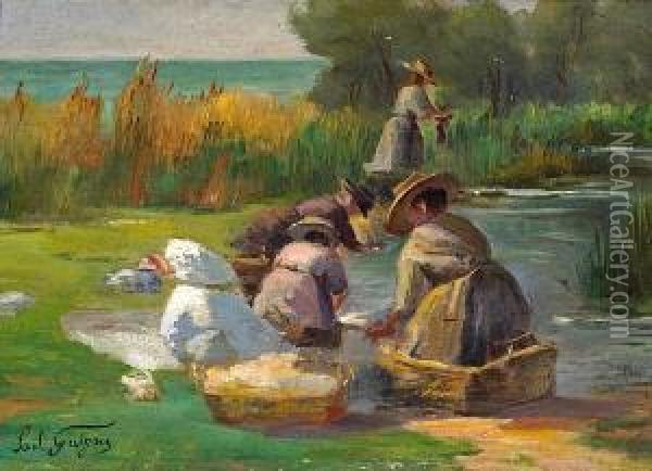 Women Washing Clothes By A Stream Oil Painting - Paul-Camille Guigou