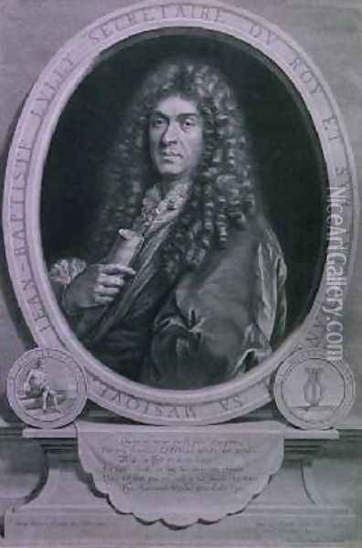 Portrait of Jean Baptiste Lully 1632-87 French composer and operatic director engraved by Jean Louis Roullet 1645-99 Oil Painting - Paul Mignard