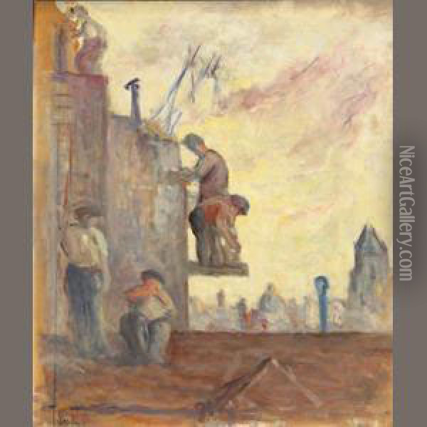 Sur Les Toits (bricklayers) Oil Painting - Maximilien Luce