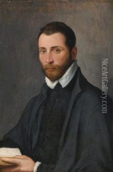 Portrait Of A Young Man, Half Length, Holding A Book Oil Painting - Giovanni Battista Moroni