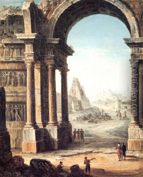 A Capriccio Of Classical Ruins With A Pyramid And Figures Oil Painting - Antonio Joli