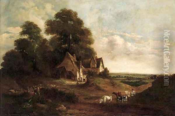 A cattle drover herding his cattle by a cottage, an extensive landscape beyond Oil Painting - John Moore Of Ipswich