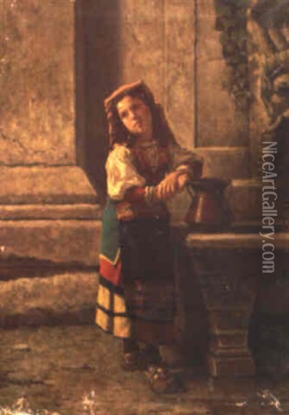 Young Peasant Girl With Water Pitcher Oil Painting - Federico del Campo