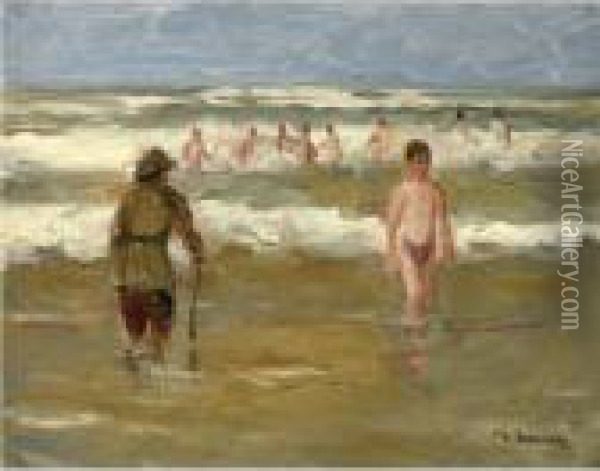 Property From The Buhler-brockhaus Collection
 

 
 
 

 
 Badende Knaben Mit Strandwachter (boys Bathing With Beach Warden) Oil Painting - Max Liebermann