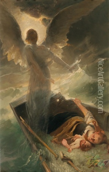Crossing Lake Chiemsee In A Storm Under The Aegis Of A Guardian Angel Oil Painting - Karl Raupp