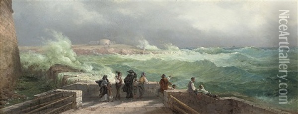 Figures Waiting At The Quay, Manoel Island, Malta, Fort Tigne Beyond Oil Painting - Girolamo Gianni