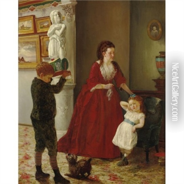 Mother And Children In An Interior Oil Painting - Joseph O. Eaton