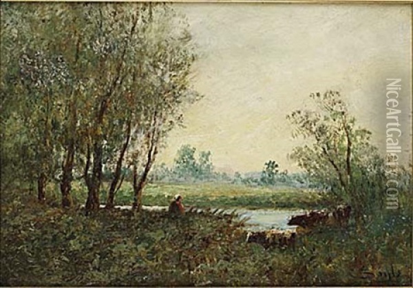 Landskap Med Boskap Och Figur Oil Painting - Charles Wellington Boyle
