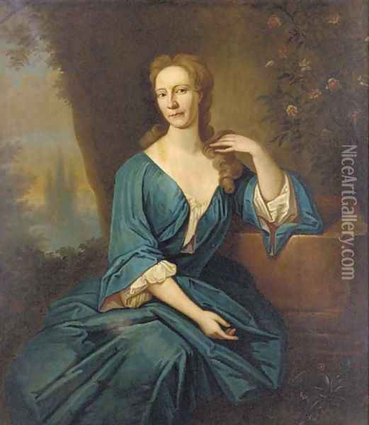 Portrait of a Anne Seton, seated three-quarter-length, in a blue dress Oil Painting - Richard Waitt