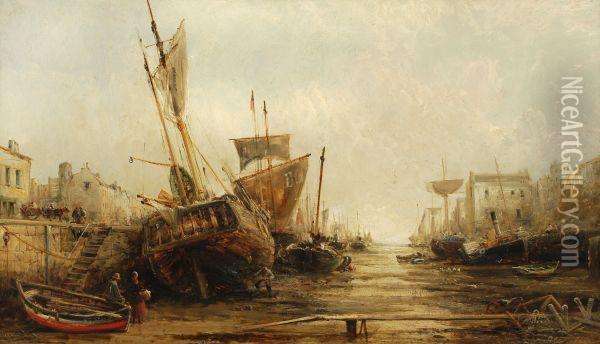 Harbour Scene At Low Tide Oil Painting - William Edward Webb