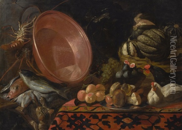 A Kitchen Interior, With Fruit, Vegetables, Fish, Chickens And Other Food On A Table, A Cat Pawing At The Fish Lower Left Oil Painting - Giacomo Legi