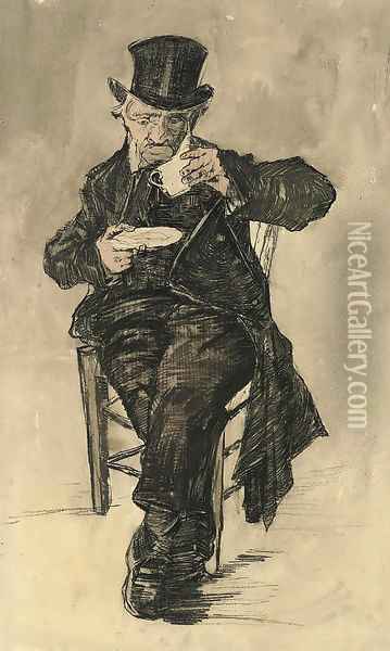 Orphan Man with a Top Hat Drinking a Cup of Coffee Oil Painting - Vincent Van Gogh