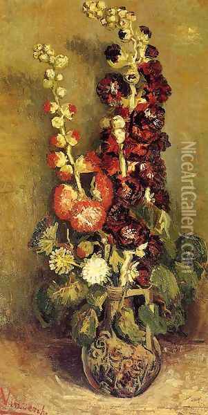 Vase With Hollyhocks Oil Painting - Vincent Van Gogh