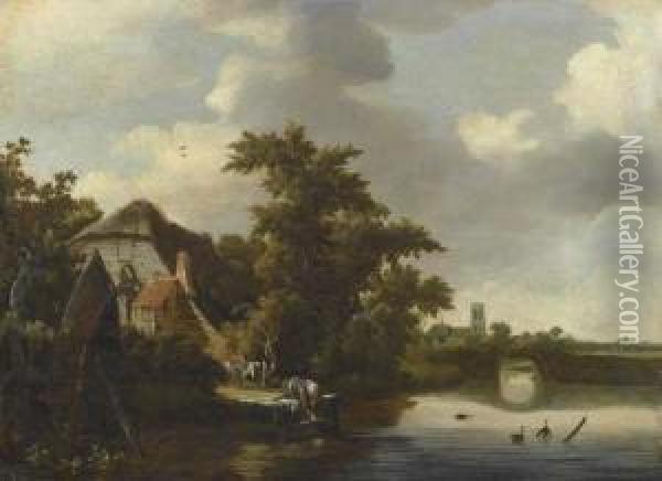 River Landscape With Washerwoman. Oil Painting - Salomon Rombouts