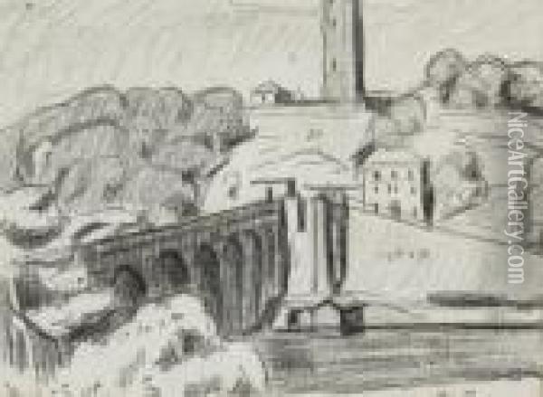 Hill Town, Aqueduct, And River Oil Painting - Oscar Bluemner