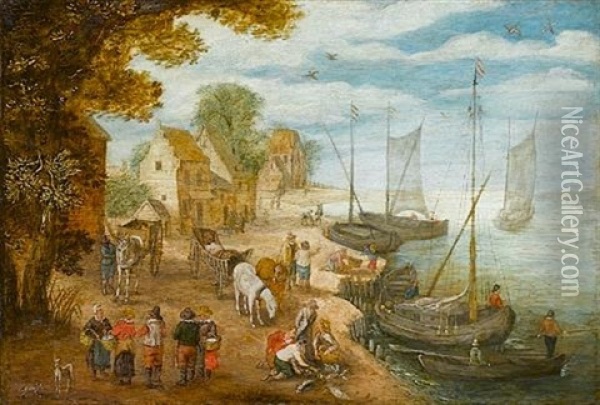 A Riverside Village With Fishermen And Their Catch And Figures Loading Barges Oil Painting - Jan Brueghel the Elder
