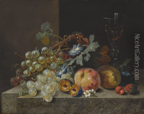 Fruchtestillleben Mit Weinglas Und Schmetterling Oil Painting - Johann Amandus Winck