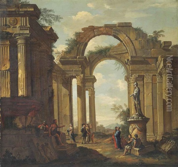 A Capriccio Of Classical Ruins, With Figures Conversing By A Statue Of Minerva Oil Painting - Giovanni Paolo Panini