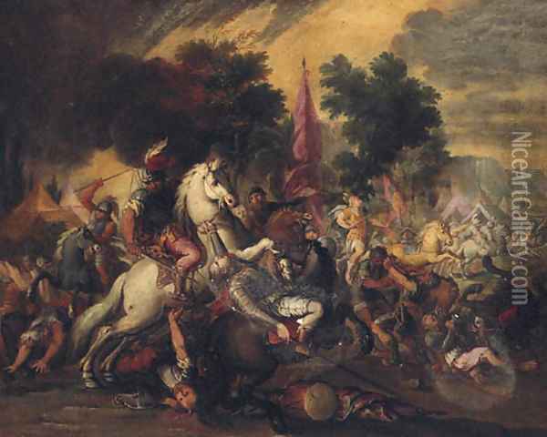 A cavalry battle in an encampment Oil Painting - Italian School
