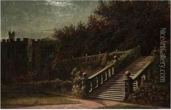The Terrace, Haddon Hall, Derbyshire By Moonlight Oil Painting - Arthur Walker Redgate
