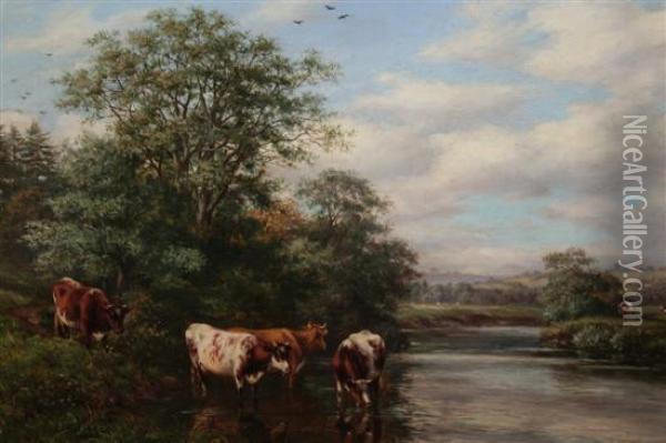 Cattle Watering In A River Landscape Oil Painting - Joseph Dixon Clark
