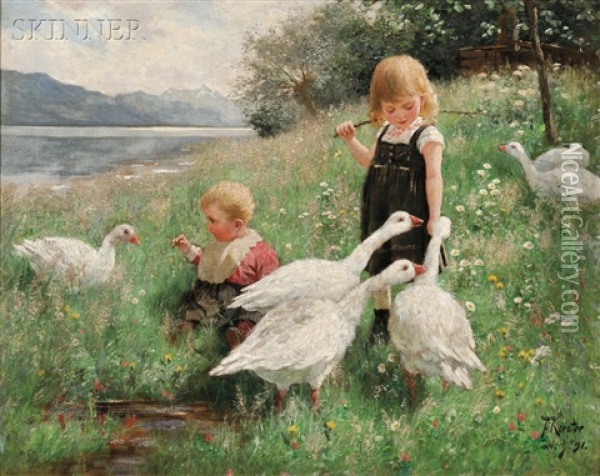 Children And Geese In A Lakeside Meadow Oil Painting - Alexander Max Koester