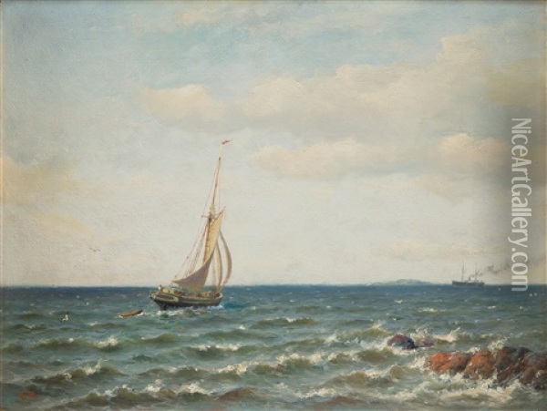 Vessels At Sea Oil Painting - Oskar Conrad Kleineh