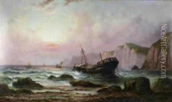 Ship Breaking Up On The Shore, Fishing Boats Beyond Oil Painting - Millson Hunt