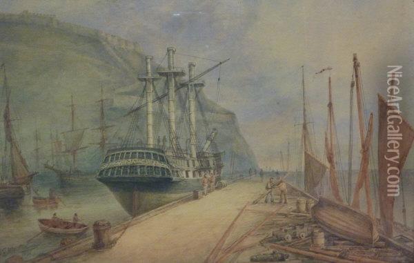 Sailing Vessels In Scarborough Harbour Oil Painting - John Taylor Allerston