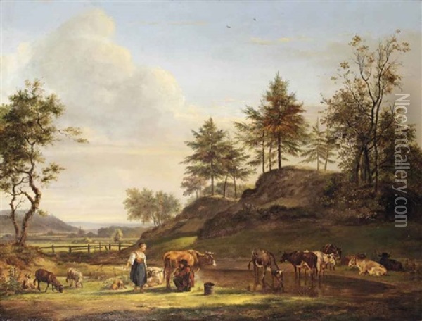 A Milkmaid And Herdsman With Cattle In A Summer Landscape Oil Painting - Pieter Gerardus Van Os