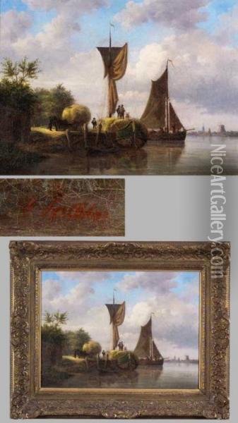 Segelboote Und Pferdefuhrwerk Mit Heu Beladen Oil Painting - Jan Jacob Coenraad Spohler