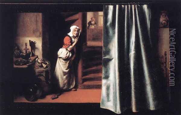 Eavesdropper with a Scolding Woman 1655 Oil Painting - Nicolaes Maes