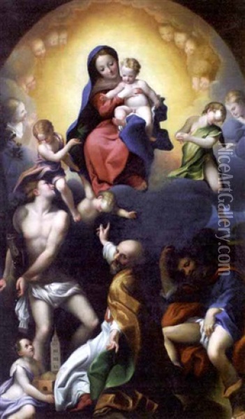 Madonna Of Saint Sebastian (after Correggio) Oil Painting - Fabrizio Santafede