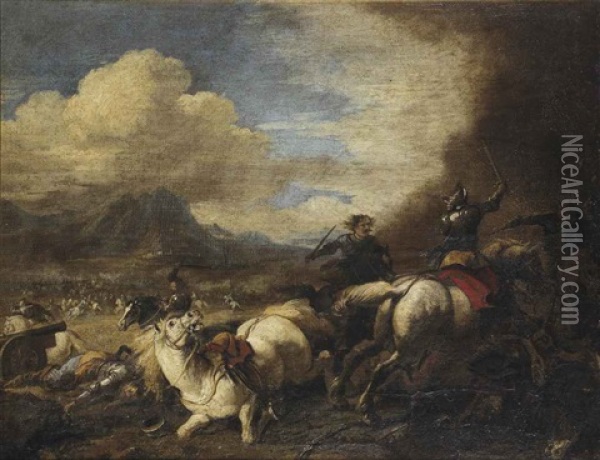 A Cavalry Skirmish In A Mountainous Landscape Oil Painting - Jacques Courtois