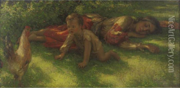 Sleeping Gypsy Woman With Baby And Rooster Oil Painting - Nicholas Basil Haritonoff